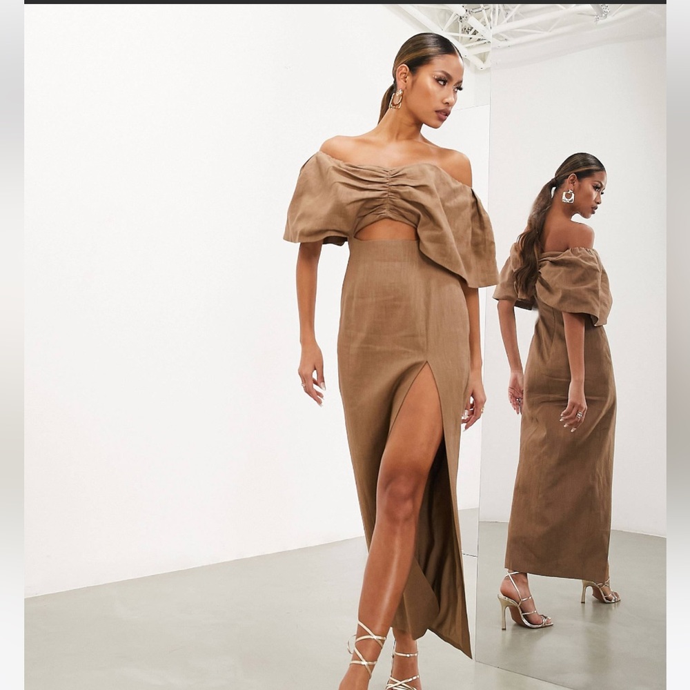 ASOS edition volume sleeve bandeau cut out midi dress in brown.